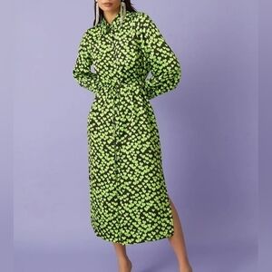 CRAS Lulu Long Sleeve Heart Printed Shirt Dress In Green, Black Size 38, M